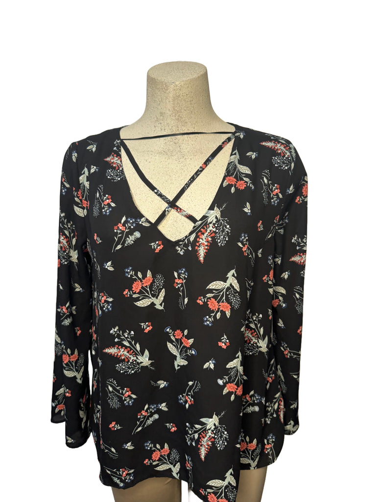 George Black Floral Blouse with Crisscross Detail - Size 1X