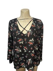 George Black Floral Blouse with Crisscross Detail - Size 1X