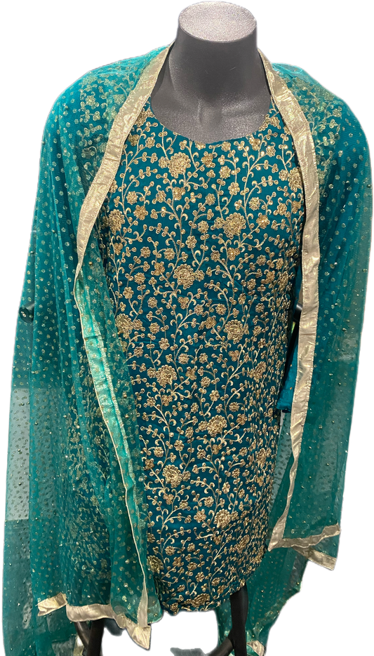 Graceful Turquoise Green Embroidered 3pc