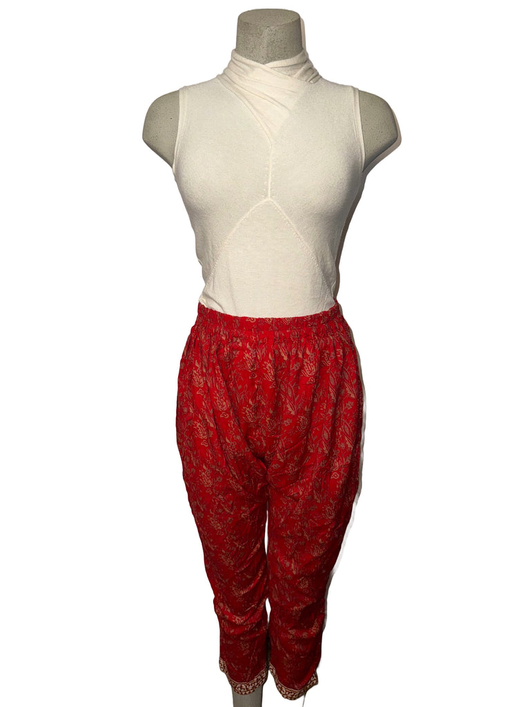 Red Floral Harem Pants with Gold Detailing (Fits Sizes M to XXL)